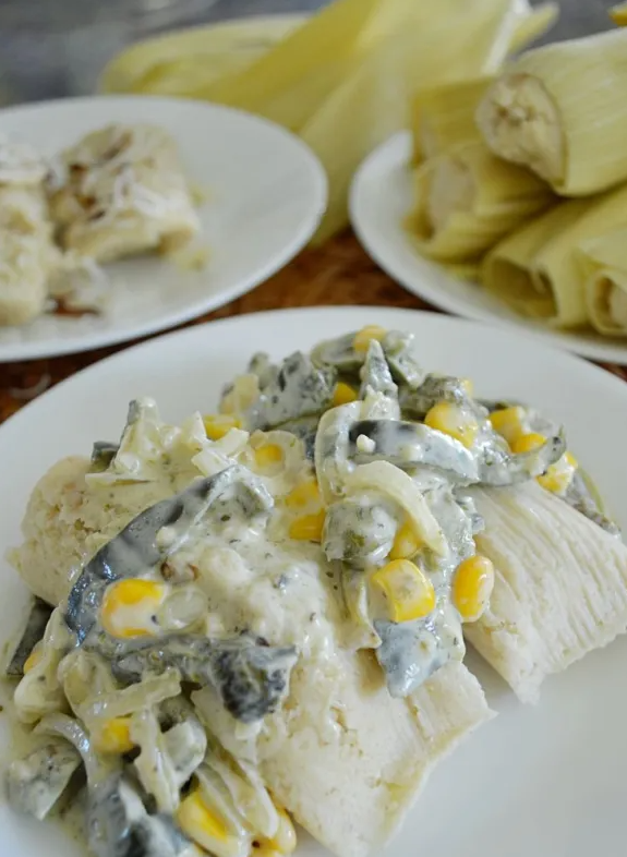 Corn Tamales in Green Chile Cream Sauce